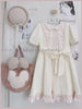 Japanese Sweet Lovely Bow Apricot Dress Set Women Kawaii Lace Puff Sleeve Dresses Vintage Chic Pink Knit Cardigan