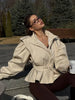 Women Solid Lace Up Lapel Jacket Casual Full Sleeve Wide Shoulder Waist Cinching Coats Autumn Office Commute Outwear