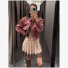 Women's Pink Corduroy Pu Leather Collar Cropped Jacket Long Sleeve Zipper Coat All-match Spring Autumn Outfit