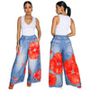 Women Fake Denim 3D floral Print Loose Wide Leg Jogger Pants Streetwear Active Hip Hop Sweatpants Trousers
