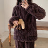 Two Piece Set Women Outfit Autumn Jacquard Textured Stand Collar Long Sleeve Zip Up Fuzzy Teddy Top & Casual Home Pants Set