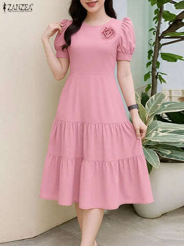 Elegant Chic Womens Tiered Midi Dresses Fabric Flower Detailed O-Neck Short Puff Sleeve Solid Color A-Line Dress Woman