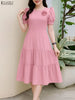 Elegant Chic Womens Tiered Midi Dresses Fabric Flower Detailed O-Neck Short Puff Sleeve Solid Color A-Line Dress Woman