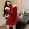 Autumn Winter Elegant Women Sweater Christmas Red Slim Fur Patchwork Hooded Knitted Dress Female Korean Knitwear Hoodie Tops