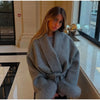 Elegant Lace Up Woolen Short Coat Solid Loose Lapel Furry Long Sleeve Belt Waist Jacket Spring Autumn Lady Chic Cardigan