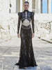 Sexy Long Sleeve Lace Patchwork Hollow Out Long Dress Women Black O Neck Cut Out Split Slim Dresses Runway Evening Party Gowns