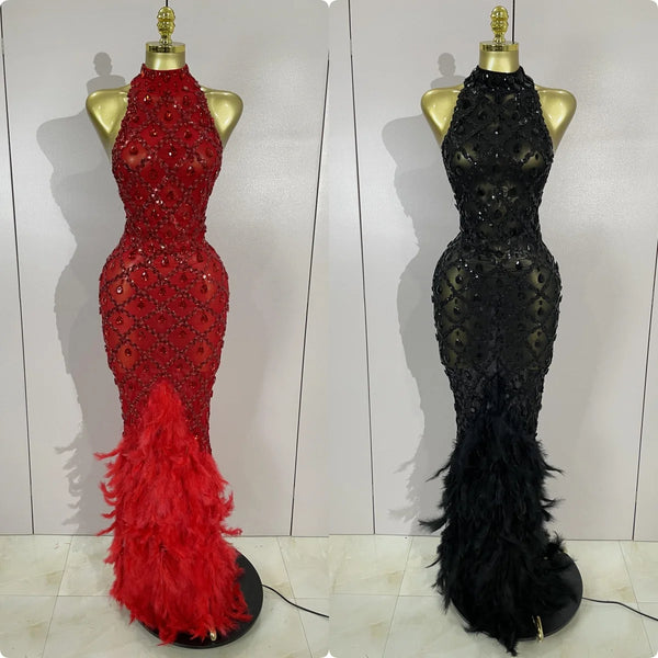 Sparkly Red Rhinestones Feather Sexy Mesh See Through Long Dress Women Birthday Evening Nightclub DJ Dancer Stage Costume