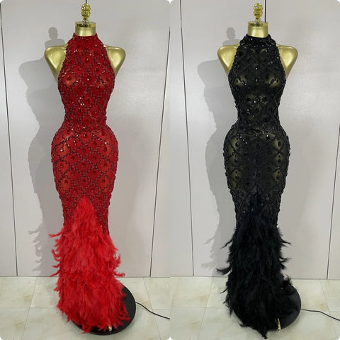 Sparkly Red Rhinestones Feather Sexy Mesh See Through Long Dress Women Birthday Evening Nightclub DJ Dancer Stage Costume