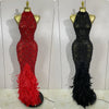Sparkly Red Rhinestones Feather Sexy Mesh See Through Long Dress Women Birthday Evening Nightclub DJ Dancer Stage Costume