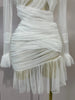 Elegant White High Collar Long Sleeve Solid Mesh Sexy See Through Ruffle Mini Dress Women Evening Club Party Birthday Dresses