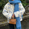 Women's Autumn Aesthetic Floral Print Stand Collar Color Pocket Quilted Padded Jackets Coat Female Warm Outwear Chic Tops