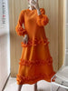 Elegant Women Pleated Dress O Neck 3D Floral Long Sleeves Fungus Spliced Design A-line Dresses Party 2AA1375