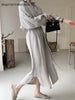 Women's Spring and Autumn Bubble Sleeve Casual Loose Straight Vintage Button Decorative Shirt Long Dress