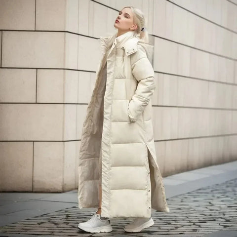 Cotton Coat Long Parka Coat Jacket Women Autumn Winter Thick Warm Coats Woven Block Hooded White Down Parkas