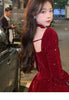 Women's Slim Fit A-line Velvet Dress Christmas Clothes Square Collar Long-sleeved Red Sweet Girl Autumn Winter