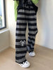 Japanese Stripe Wide Leg Trousers Y2k Aesthetic Kawaii Cartoon Embroidery Straight Pants Vintage Casual Loose Pantalones Women