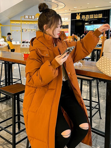 Long Thickened Down Cotton Bread Style Coat Women's Winter Outerwear Korean Loose Long Knee Length Solid Hooded Jacket