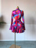 Women Tie Dye Print Flare Long Sleeve V-neck Sashes Ruffle Mini Dress Elegant Sexy Vacation Party Birthday Dresses