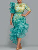 Plus Size Women Floral Print Mermaid Midi Dress Asymmetrical Ruffle Tulle Trim 3/4 Sleeve Bodycon Formal Wedding Guest Dress
