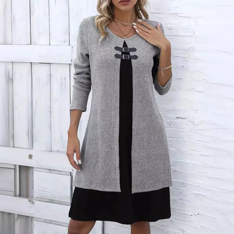 Spring Autumn Women's Solid Long Sleeved Round Neck Dress Elegant Splicing Knitted Long Casual Comfortable Dress For Women