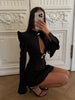 Black Hollow Out Mini A-line Dress Women Sexy Round Neck Full Sleeve Waist Cinching Short Dresses Lady Chic Party Club Robe