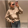 Women Camel Ribbed Knit Cardigan Zip Up High Collar Long Sleeve Cropped Sweater Flap Pockets Jacket Casual Autumn Outfits