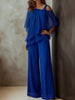 Women Casual Bat Sleeve Chiffon 2Pc Outfits Commuting Wide Legger Suits Sexy Slanted Shoulder Irregular Tops & Pant Set
