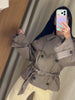 Women Short Trench Coat Jacket Plaid Lapel Double Breasted Belted Waist Loose Long Sleeve Checkered Cropped Lady Autumn Coat