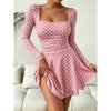 Autumn Polka Dot Print Square Neck Long Sleeve Women's Dress Waist Cinched A-Line Mini Skirt Length Sexy