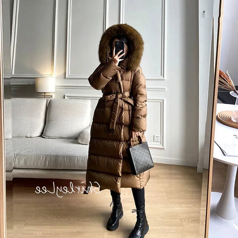 Winter Women 90% White Duck Down Jackets Ultra Light Warm Long Parkas Real Fox Fur Collar Female Hooded Snow Coats
