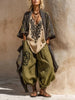 V-neck Top + Shawl + Pants Suit Vintage Pattern Printed Spring Three Piece Set Casual Breathable Loose Women's Outfit