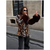 Women Deer Spot Print Faux Fur Cropped Jacket Stand Collar Dark Fur Cuff Button Up Short Coat Vintage Winter Street Outerwear