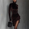Long Sleeve Lace Patchwork Sexy Velvet Dress Women Autumn Winter Turtleneck Party Dress Elegant Slim Simple Ladies Dress