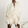 French Style Bubble Sleeve Mini Dress Woman Ruffle Solid Bright Satin Party Dress Spring Tie-up O Neck Pleated Dress
