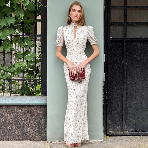 Spring Elegant Print Long Dress Vintage High Waist Puff Sleeve Dresses Lady Casual Chiffon Turtleneck Dress For Women