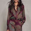 Women's Bohemian Paisley Print Two-Piece Set Lapel Neck Long Sleeve Blouse Top Wide Leg Pants Casual Loose Suit for Vacation
