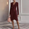 Women Dresses Spring autumn V-neck waist-cinching solid-color long-sleeve knee length dress clothing vestidoes