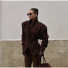 Solid Single Breasted Suede Short Jacket Women Full Sleeve Buckle Lapel Slim Shoulder Pad Coat Lady High Street Wear