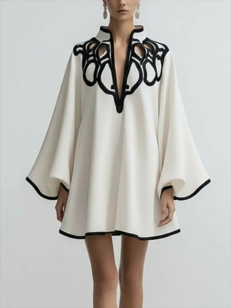 Hollowed V-neck Mini Dress for Women Flared Sleeves Pleated Dress Spring Stylish Contrast Trims Elegant Party Dress