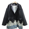 Spring Denim Patchwork Contrasting Color Lace Blazer Long-sleeved Women Oversize Loose Casual Suit