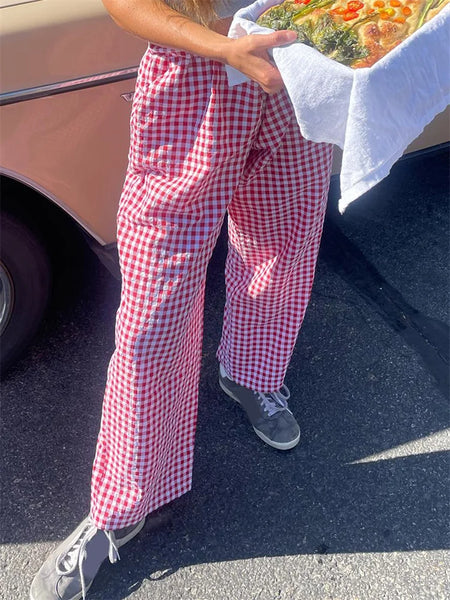 Women Loose Plaid Pants Casual Loose Elastic Straight Wide Leg Trousers with Pockets for Work Office Streetwear