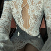 Sexy Lace Printed White Dress For Women See-Through Hollow Out Full Sleeve V Neck Slit Slim Maxi Dress Evening Party Club Outfit
