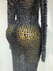 Sparkly Rhinstones Long Sleeve Elegant Party Dress Women Performance Stage Outfit Evening Birthday Prom Gown