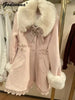 Winter Japanese Sweet Bow Slim Medium Long Woolen Coat Faux Fur Collar Lolita Girl Women's Pink White Wool Jacket Overcoat