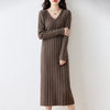 Women Pure Wool Sweater Dresses Long Sleeve Purllover 100% Merino Wool V-neck Knitwear Spring Autumn Grace Striped Dresses