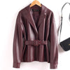 Women Split Leather Blazer With Slim Waist Belt Spring Autumn Notched Collar Loose Leather Jacket Female Coat