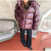 Shiny Hooded Cotton Jacket For Women Solid Long Sleeve Zipper Pockets Coats Lady Winter Street Warm Chic Outerwear