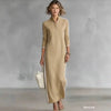 Autumn Vintage Striped Trim Long Sleeve Maxi Dress Women's Stand Collar Button Straight Dress Loose Casual Party Maxi Dresses