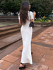 Women's High Waist Knitted Rib Slim Maxi Dress Casual Loose Elegant Temperament Long Dress for Autumn Femme Solid Color Dress