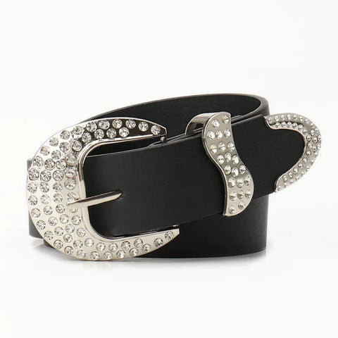 American Y2K Retro Rhinestones Belt Women Punk Hip Hop Rock Style Jeans Belts Black PU Leather Needle Buckle Belt